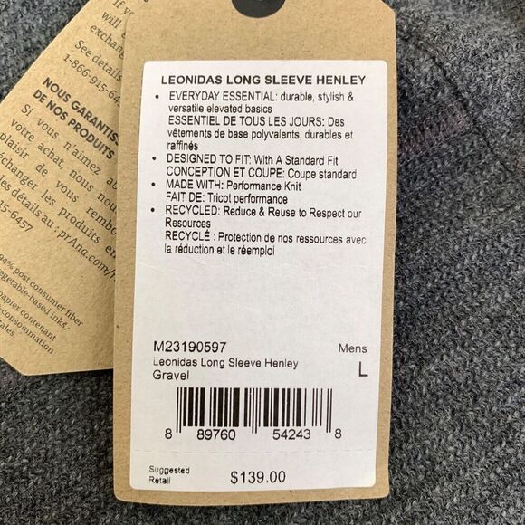 NWT prAna Henley Mens Large Gray Heather Long Sleeve Leonidas Wool - Picture 6 of 13